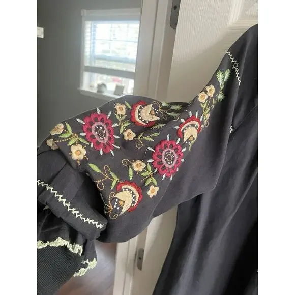 J. PETERMAN Dark Gray Floral Embroidered Bohemian Peasant Tunic Blouse Top Sz L - Picture 3 of 12